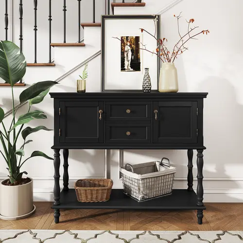 【Fall Deals】HLR Retro Solid Wood Veneer Console Table - Modern Console Table with 2 Drawers, 2 Doors, Open Storage Shelf & Storage Zones, Vintage Wooden Living Room Furniture for Entryway Foyer Coffee Bar Coffee Bar Table Living Room Tables