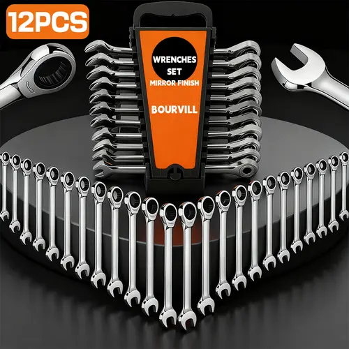 12PCS Flex-Head Ratcheting Wrench Set (Metric 8-19mm) - 72-Tooth CR-V Combination Wrenches with Organizer Rack for Auto Repair & DIY