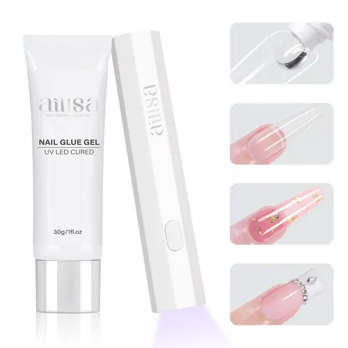 Aillsa Glamhold Solid Nail Glue Set, Handheld UV Lamp for Press On Nails, Clear Nail Tips and gel x nail glue Long-Lasting Strong Adhesion Solid Gel DIY Fall Nail Art Home, UV Light Cured Needed DealsForYouDays