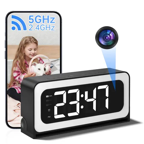 2K Smart Digital Clock Camera with Full-Color Night Vision, Dual-Band WiFi (2.4GHz & 5GHz), Two-Way Audio, Privacy Mode & Real-Time Home Monitoring