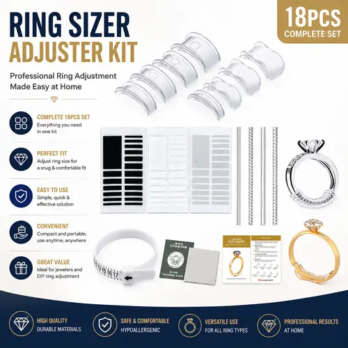 Plastic Coil Ring Size Adjusters - 18Pcs Multi-Size Set with Measuring Tool, Soft Foam Cushion, Hypoallergenic Convenient Cute Ring Guards for Loose Metal/Solid Bands, Bridal Jewelry Accessory