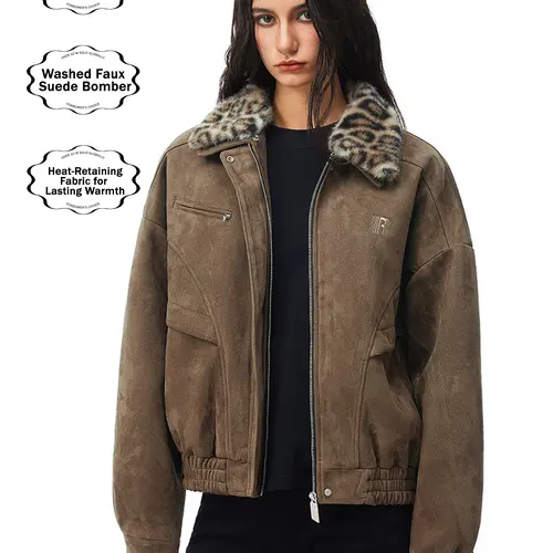 FDR Barn Jacket with Detachable Leopard Fur Collar for Men & Women | Heavyweight Zip Up Faux Suede Bomber Jacket Loose Fit Casual Minimalist Outerwear Oversized Brown Top