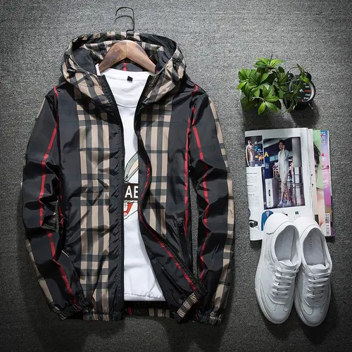 Men's Fitted Checkered Color-Mixed Hooded Jacket - Long-Sleeve Chic Lightweight Casual Top, Spring Statement Outerwear (Color-Mixed Men's Lightweight Jackets Category)