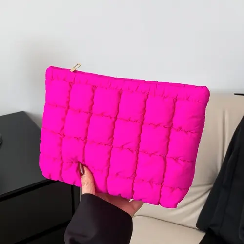 Ladies' fashion quilted plaid convenient makeup bag, casual solid color pleated design lightweight large-capacity storage bag, Portable Cosmetic Bag, Travel Beauty Bag, Cosmetic Travel Bags, Makeup Organizer Pouch, Cosmetic Pouch, Cosmetics Accessories