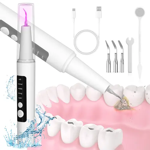 Plaque Remover for Teeth, Teeth Cleaning Kit with LED Light and 5 Adjustable Modes Teeth Cleaner,2 Replaceable Heads, Rechargeable for Home & Travel Use