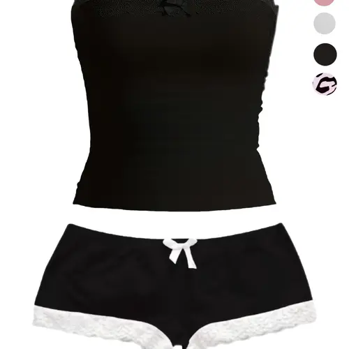 Women's Lace Crop Top Shorts Set with Bow Decor, Y2K Style, Slim-Fitting, Plain Colorblock Design, Short Length, Perfect for Casual Wear, Fashion