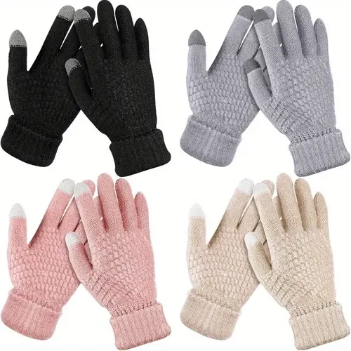 Women's 4pcs Velvet Thermal Winter Gloves - Korean-Style Casual Fashion, Thick Fleece-Lined, Touch Screen Fingers, Elastic Cuffs, Sporty Chic Sporty Protective Gear, Durable for Skiing, Commuting