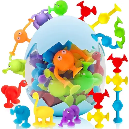27pcs Silicone Sucker Building Toys for Unisex Kids - Geometry and Animals Forms, Portable Bath Toy, Window/Water Table Play, Eggshell Storage, Party Favor Gift for 3-6/12+ Year Old Travel Sensory Fidgets