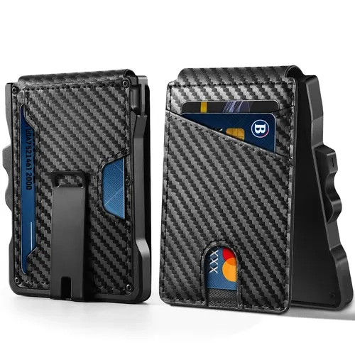 GSOIAX Men's Minimalist Aluminum Metal Multi Card Wallet - 4.17" Frontpocket, RFID Blocking, Auto-Opening Pop-Up Access, Money Clip, 12-Card & Cash Capacity, Carbon Fiber Material, Ideal Gift for Boyfriends (Birthdays)