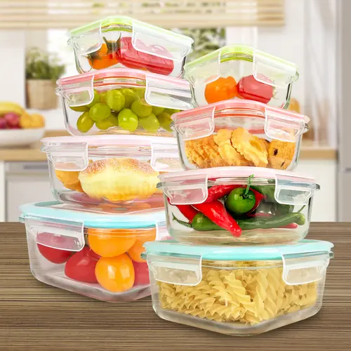 8 Pack Premium Glass Food Storage Containers Stackable Airtight Square with Lids Oven Microwave Freezer Safe Green Rectangle Fresh Keeping Kitchen Organizers，Camping Essentials，Camping Gear