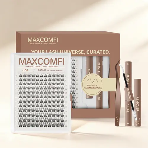 MaxComfi Eos Lash Cluster Kit - 0.05 mm DD Curl Ghost Lash Design, Hypoallergenic Acrylic Resin, Waterproof, Long-Lasting, Super Soft Thin Band, Pinch Tab, Venus Velure Secret Style, Beginner-Friendly DIY Option for Daily Use Volume & Summervibes Look