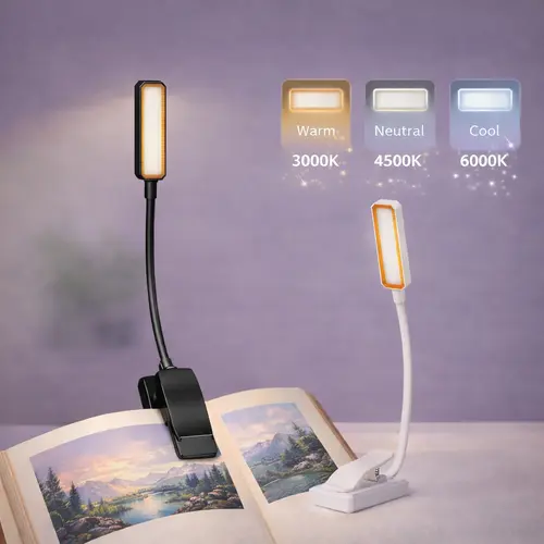 Dimmable LED Clip Book Light - USB Rechargeable 2h Quick Charge, 3 Cool/Warm/White Color Modes, 10 Levels Adjustable Brightness, Flexible Gooseneck, Soft Light Push Button Control, Portable Durable Clamp Nightlight for Bedroom Readers, Home Office