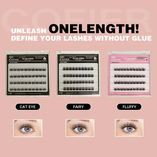 Cofier lashes No-Glue lash Clusters 40PCS - Self-Adhesive Eyelashes, Uniform length DIY lashes (10/12/14mm), Easy, Natural, Beginner-Friendly