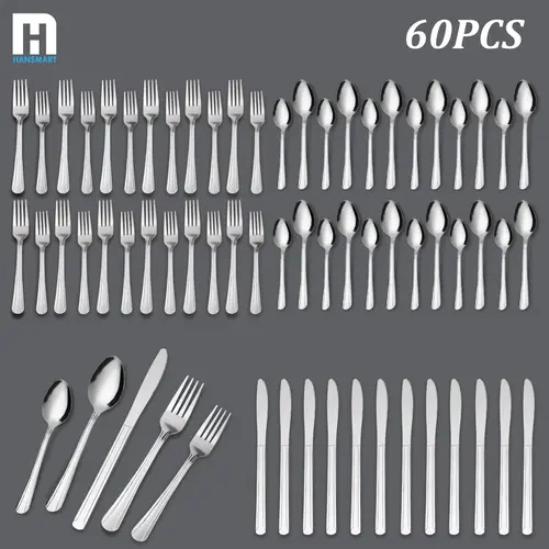 60pc Dominion Stainless Steel Combo Cutlery Tableware Set - Elegant Modern Stripe Pattern, Halloween-Friendly, Reusable, Dishwasher Safe, Boxed Practical Casual Perfect Gift for Home Dining, Housewarming