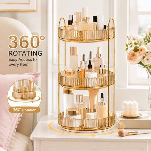 Raybee 360 Rotating Makeup Organizer, Large 2-3 Tier Acrylic Cologne Perfume Holder for Vanity Countertop,Steady Lazy Susan Cosmetics Storage Organizer, Space Saving Fragrance Display Tower for Lipsticks Brushes, Perfect Birthday Christmas Gift for Her