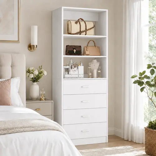 21.3" W Freestanding Closet System with 4 Drawers for Small Spaces, Walk-in Closet Organizer Tall Dresser & Display Shelf, Wood Vanity Storage Cabinet