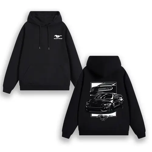 Men's Mustang GT Side Design Black Hoodie - Car Graphic, Logo, Long-Sleeve Casual Streetwear Top, Comfortable, Monochrome, Cozy, Decorated Menswear Hoodie