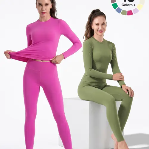 Women's Solid  Gym Set - High-Waisted 25in Inseam Spandex Leggings, Long Sleeve Elastic Top, Comfortable Workout Set for Running, Fitness, Casual Sportswear & Outdoor Use,