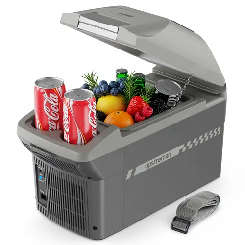 Upstreman 10QT Rectangular Polypropylene 12V DC Portable Car Refrigerator - 12V DC Plug, Aluminum Inner Tank, Efficient Cooling & Heating, Built-in Cup Holders, Energy-Saving, Compact, Shoulder Strap for Camping, Road Trips (AR11)
