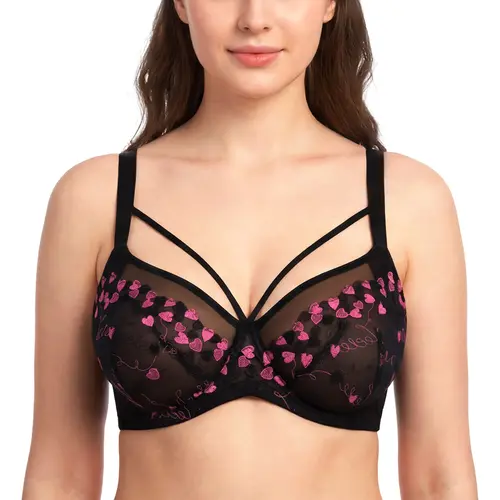 HSIA Renna Sheer Mesh Lace Embroidery Underwire Bra Sexy Heart Bow Applique 3/4 Cup Lifting Support Lightweight Mesh Bra Flirty Decorative Straps Comfort Fit Daily Lingerie Date Night Party Bras for Big Bust Women