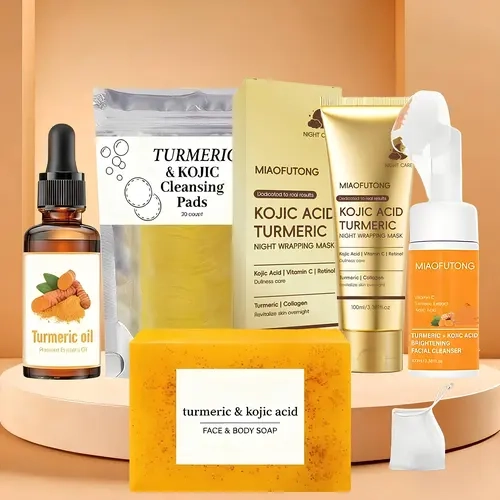 Unisex 5-Piece Turmeric Overnight Cleansing & Nourishing Skincare Set - Gentle Mousse Face Wash, Cleansing Soap, Nourishing Facial Oil, Night Mask, Youth Tablets (Natural Herbs Multi-Part Skin Care Kit)