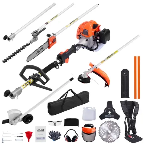 VEVOR 26cc 2-Stroke Gas-Powered Grass Trimmer Tool Kit, Handheld Aluminum 6-in-1 Garden Tool with Extension Pole, Safety Glasses, Rubber Grip, 3T/40T Manganese Steel Blades, Brush Cutter, Edger, Pole Saw for Branches/Vines Yard Tasks, Glove & Ear Muff Set