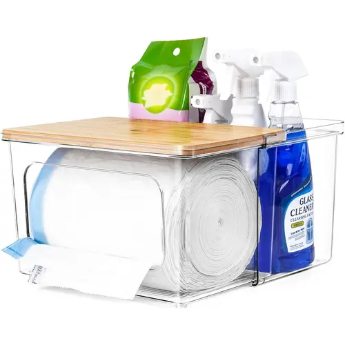 AIR U 2-in-1 Rectangle Bamboo Kitchen Trash Can Holder with Lid - Sturdy Organizing Solution, Stainless Steel Bins, Maximizes Under-Sink Storage for 13/30/33gal Bags (Acrylic/Plastic Home Goods Accessory)