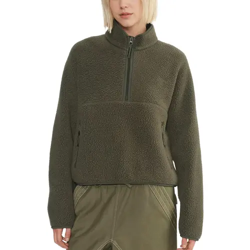 Hixiaohe Women's Sherpa Fleece Cropped Hoodie - Casual Long-Sleeve Half-Zip Tops with Zipper Pockets, Loose Minimalist Polyester Cargo Style, Fit for Biking, Yoga, Party Layering Athleisure Wear