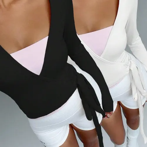 Women's Knitted Solid Color Stretchy Soft Long-Sleeve Short Top, Comfortable Front-Tie V-Neck Bodycon Design, Aesthetic Casual Knitwear, Fashion Versatile Casual Fitted Knitwear, Womenswear
