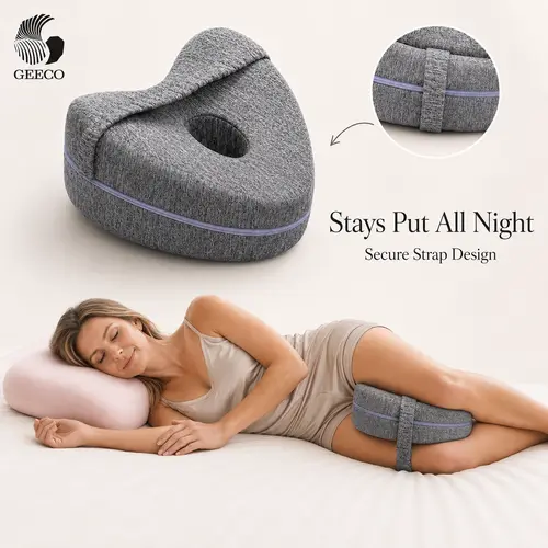 GEECO Orthopedic Soft Memory Foam Knee Positioner Cushion for Side Sleepers, Strap-In Design with Cooling Washable Cover, Heart-Shaped Pregnancy Pillow for Hip & Back Alignment, Grey,summerwins