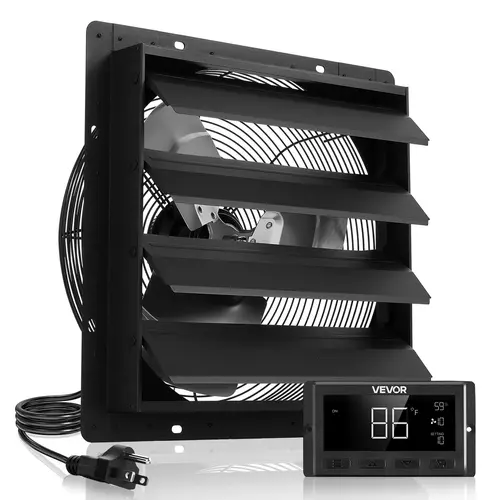VEVOR 16-in Wall-Mounted Shutter Extraction Fan, 2900 CFM EC Motor with Automatic Smart Programming, 98W, Adjustable Speed, Temperature Control, Timer Set & Forget, Durable All-Metal Steel Construction, Rain Guards, Black for Garage Ventilation Cooling