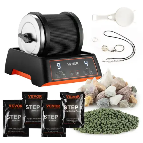 VEVOR 2 lbs Rock Tumbler Kit with 4 Speed Levels, 9-Day Timer, Cord, 8 Types of Rough Stones, Grits, Belt-Free Direct-Drive Motor, Flat Ring Bases, Flexible Adjustment for Even Polishing, DIY Tool for Adults & Kids