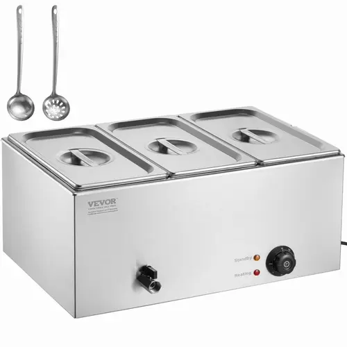 VEVOR Corded Commercial Electric Steam Table Food Warmer, 17.4QT 1200W Countertop Stainless Steel Bain Marie, 3x1/3-Size Pans, 86-185°F Temperature Ctrl, Extra Long-Handled Ladles, Durable Restaurant Kitchen Appliances for Catering