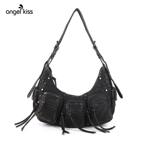 Angel Kiss Women's Top Handle Hobo Crossbody Bag - Adjustable Crossbody Shoulder Strap (15-25" Strap Fit), Multi-Pocket Studded Vegan Leather Waterproof Shoulder Purse, Back to School Everyday Bag for Women