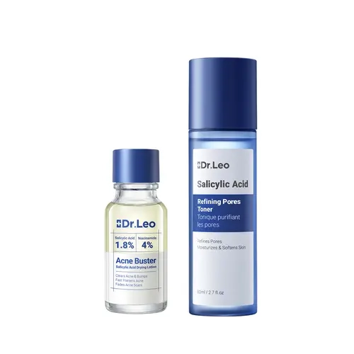 Dr.Leo Pore-Clearing & Rapid Pimple Relief Vegan Set - Salicylic Buster Drying Lotion (20ml), Gentle Refining Toner (80ml) for Acne-prone Skin, Soothing for Pigmentation & Acne Marks #sohochic #tiktokshopbacktoschool, Salicylic Acid