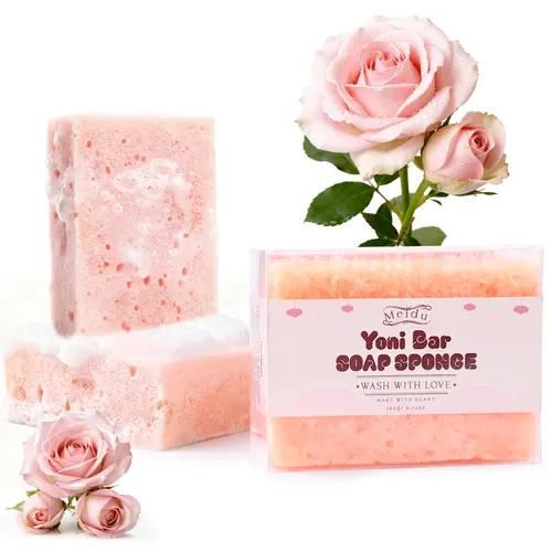 MEIDU Yoni Bar Soap Sponge - Natural Gentle Female Intimate Cleanser, Organic Herbal Nontoxic pH-Balance Anti-Bacterial Product with Odor Control, 24-Month Shelf Life, Moisturize Sensitive Areas & Arm, Daily Sudsy Nourishing Shower Care for Adults