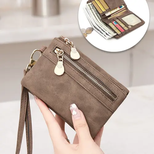 Women's Short Bifold Wallet with Double Zippers, Zip up wallets, Coin Purse & Card Holder, Pocket for Bills & Tickets, Portable for Daily Use & Travel, Wristlet Clutch, Perfect Gift for Thanksgiving, Christmas, Birthday & Anniversary