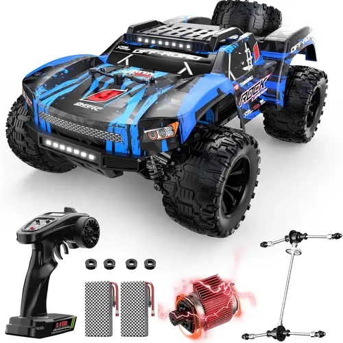 DEERC 1/12 4WD Fast RC Car - 45 km/h Off-Road RC Vehicle, Waterproof, 2x7.4V 1500mAh Rechargeable Batteries, Spare Tire, Shock System, Metal Drive Shafts, 1.5kg High Torque Servo, Short Course Stunt Kit, Toys for Boys 12+