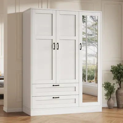 FUSOU 5-in-1 Wardrobe Closet Organizer - Freestanding White Wood Armoire with Full-Length Mirror, 2 Drawers, Adjustable Shelves, Bedroom Cabinet for Closet Organization, Room Storage, Apartment Furniture [Shipped in 2 Packages]