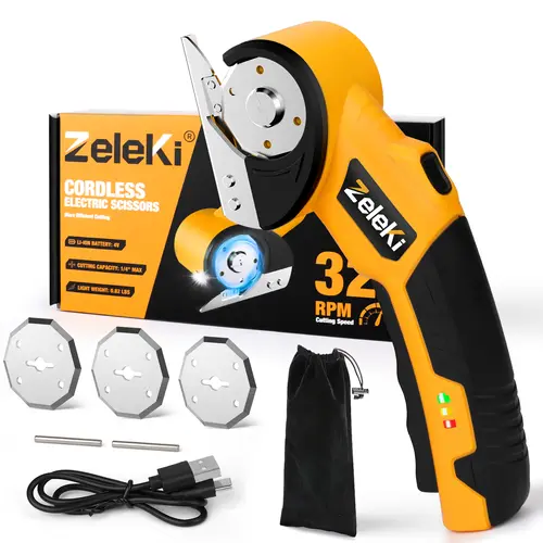 【DealsForYouDays】Zeleki Cordless Electric Scissors 4V – Rechargeable Heavy Duty Cutter with Safety Lock, LED Light, Long Battery Life & 2 Extra Blades | Easy-to-Use Wireless Shears for Cardboard, Packaging Yellow with Storage Bag
