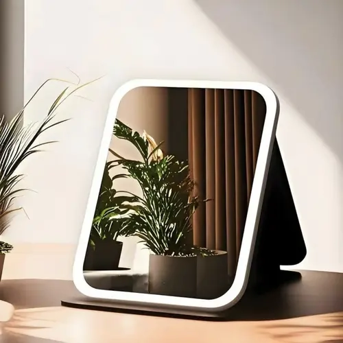 Elegant LED Lighting Makeup Vanity Mirror - Rechargeable, Lightweight, Touch Control, 3-Color Backlit, Dimmable, Compact Square Desk-Fitting Mirror for Bathroom Vanity Setup