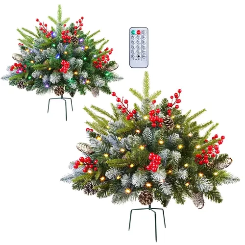 Set of 2 18/24.5" Lighted Outdoor Christmas Trees with Remote & Timer, Multicolor Battery-Operated Pre-Lit Frosted Trees, Christmas Urn Fillers for Porch, Pathway & Yard