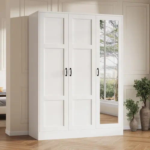 [Shipping by 2 Packages] FUSOU 65" Tall Armoire Wardrobe Closet with Full Length Acrylic Mirror & Adjustable Shelves, 3-Door Closet Wardrobe Cabinet with Hanging Rod, Wooden Storage Cabinet for Bedroom, White