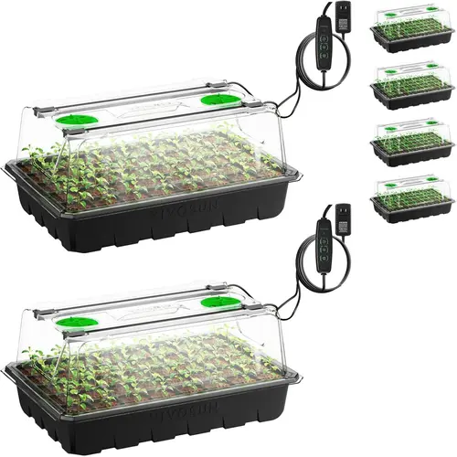 VIVOSUN 6-Pack Seed Starter Trays, 240-Cell Seed Starter Kit with 2 Set of LED Lights / 1-Pack 40-Cell With 10"x"20.75 Heat Mat and Lamps 3.6" Higher Cover, Adjustable Vents, Drainage Holes, Green Propagation Tray for Planting Seed