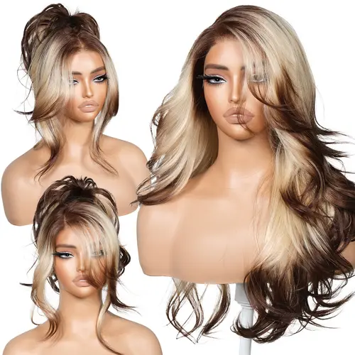 BrownBomb 24 in Synthetic Lace Front Curly Wig for Women, 13x6 Glueless Wig with Feathered Layers, Face-Framing Curly Bangs, Pre-Plucked Natural Hairline for Weddings, Dating