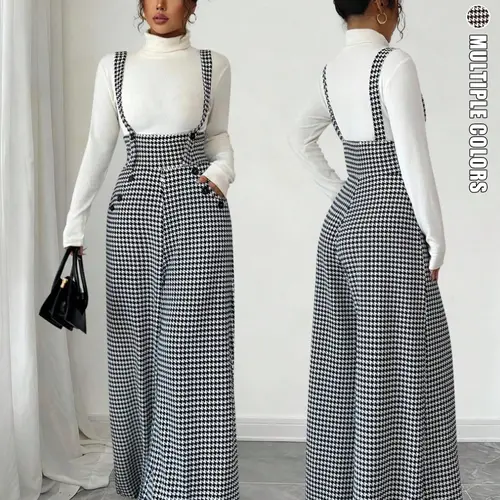 Women's Knitted Houndstooth Print Wide Leg Pants with Front Pockets, Fashionable Elegant Casual Commuter Overalls, All Seasons