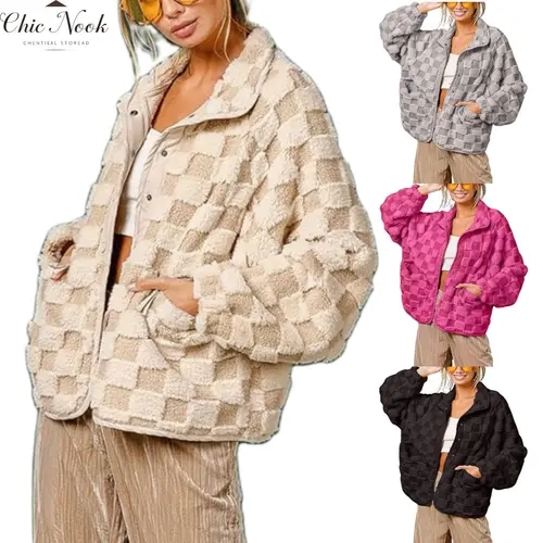 Women's Fleece Jacket Fashion Long Sleeve Stand Collar Checkered Jacket Fall Winter Outwear
