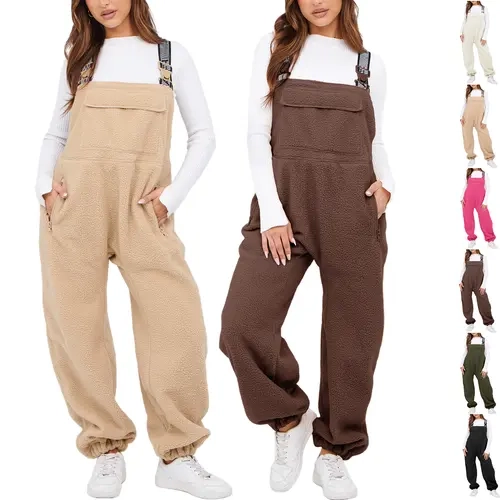Buenoble Women's Fuzzy Fleece Overalls Winter Bib Pants Loose Fit Adjustable Strap Jumpsuit Warm Teddy Sherpa Romper Loungewear Streetwear