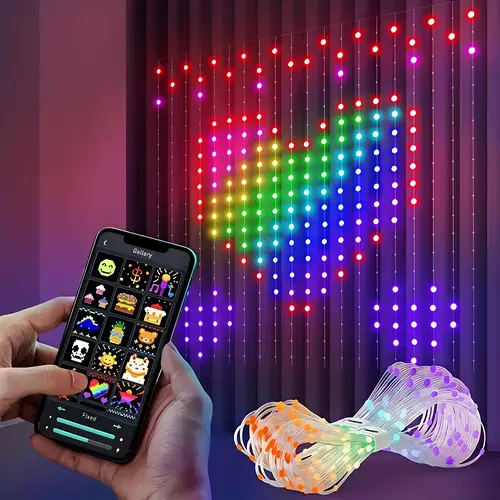 Smart RGB LED Curtain Lights - DIY Custom Text & Pattern Display, App & Remote Control, Music Sync, Dimmable & Timer, USB Powered, IP65 Waterproof Lights for Christmas, Bedroom, Party, Indoor & Outdoor Decor