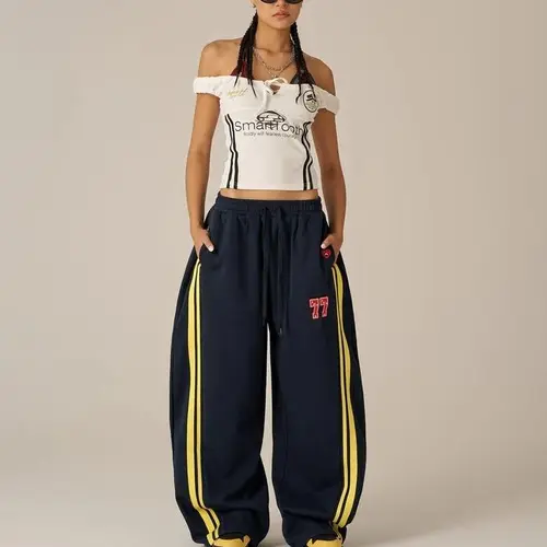AELFRIC EDEN Men's Baggy Low-Rise Striped 60% Polyester 40% Cotton Athleisure Sweatpants - Heart Embroidery, Pockets, Vintage Retro Sport Style, 77 Identity Mark, Streetwear Clothing, Male Clothing, Size M, Back to School Outfits